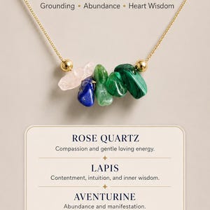 K&ouml;nnte beinhalten: Eine goldene Halskette mit f&uuml;nf Rohkristallen: Rosenquarz, Lapis, Aventurin, Smaragd und Malachit. Das Bild enth&auml;lt Text: 5 Crystals for Taurus, Grounding, Abundance, Heart Wisdom sowie eine Liste der f&uuml;nf Steine mit ihren jeweiligen Eigenschaften.