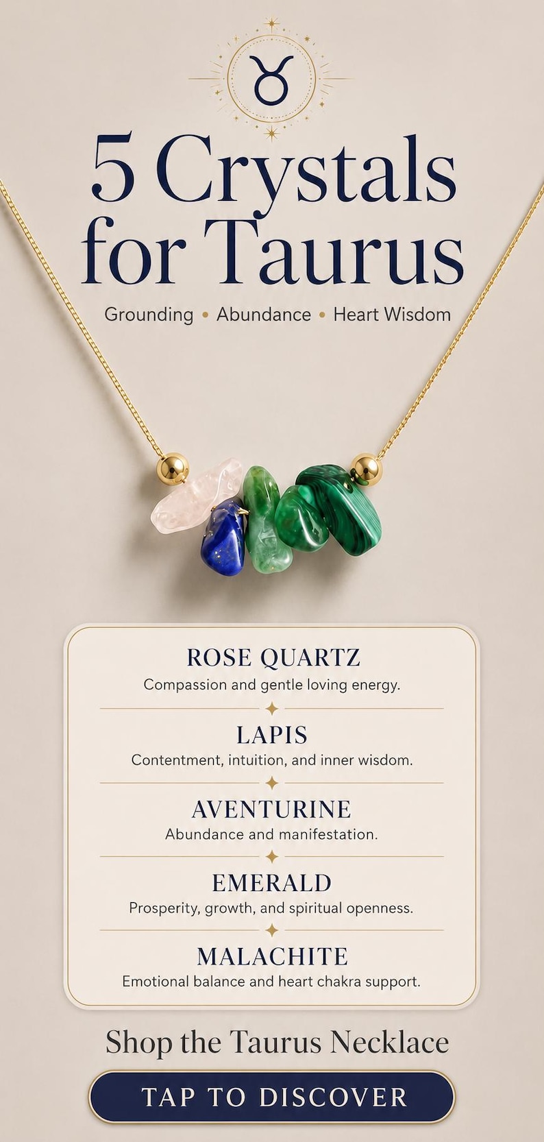 K&ouml;nnte beinhalten: Eine goldene Halskette mit f&uuml;nf Rohkristallen: Rosenquarz, Lapis, Aventurin, Smaragd und Malachit. Das Bild enth&auml;lt Text: 5 Crystals for Taurus, Grounding, Abundance, Heart Wisdom sowie eine Liste der f&uuml;nf Steine mit ihren jeweiligen Eigenschaften.