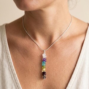 Pu&ograve; includere: Una collana d'argento con un pendente composto da sette pietre preziose colorate. Le pietre sono disposte verticalmente, mostrando uno spettro di colori tra cui trasparente, viola, blu, verde, giallo, rosso e grigio. La collana &egrave; indossata intorno al collo.