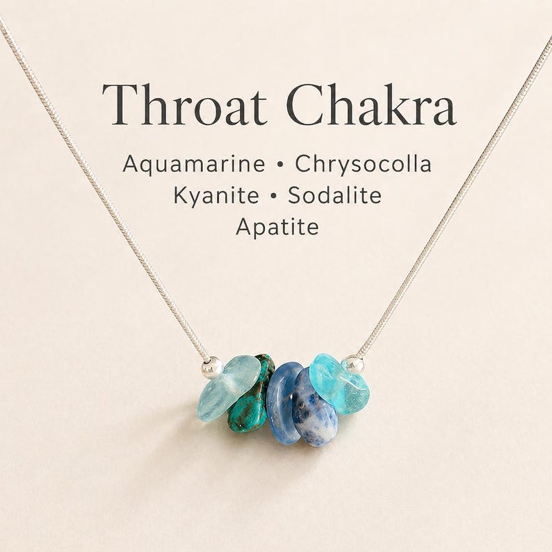 Throat Chakra Crystal Necklace in Sterling Silver or 14K Gold Filled. Adjustable Chain multiple sizes. Aquamarine, Kyanite, Apatite for a Blue Chakra Healing Necklace or Choker. Dainty Chain Necklace Spiritual Gift Idea for Yoga lover.