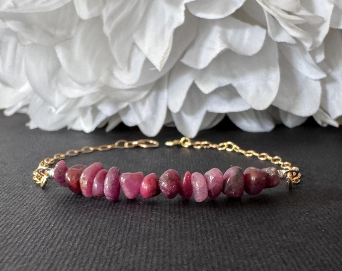 Raw Ruby Bracelet  - Rough Crystal Anklet - 14K Gold Filled or Sterling Silver