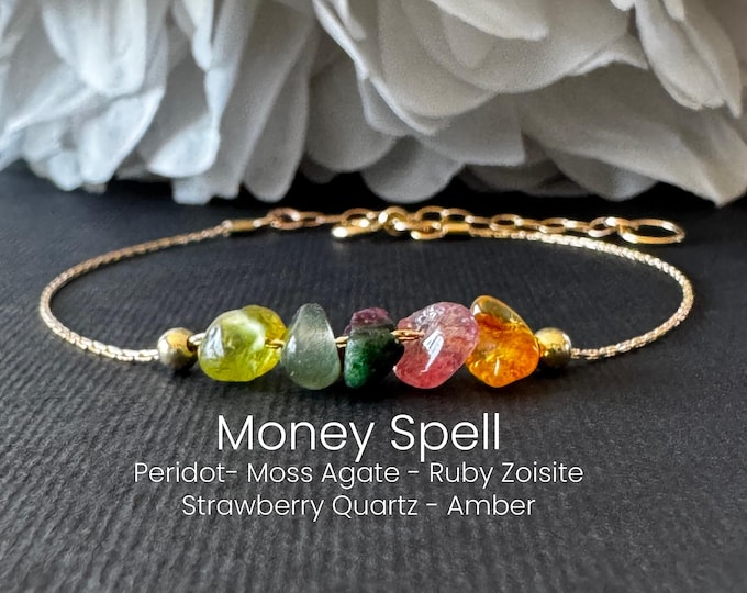 Money Spell Raw Crystal Bracelet or Anklet, Wealth Manifestation Intention Jewelry