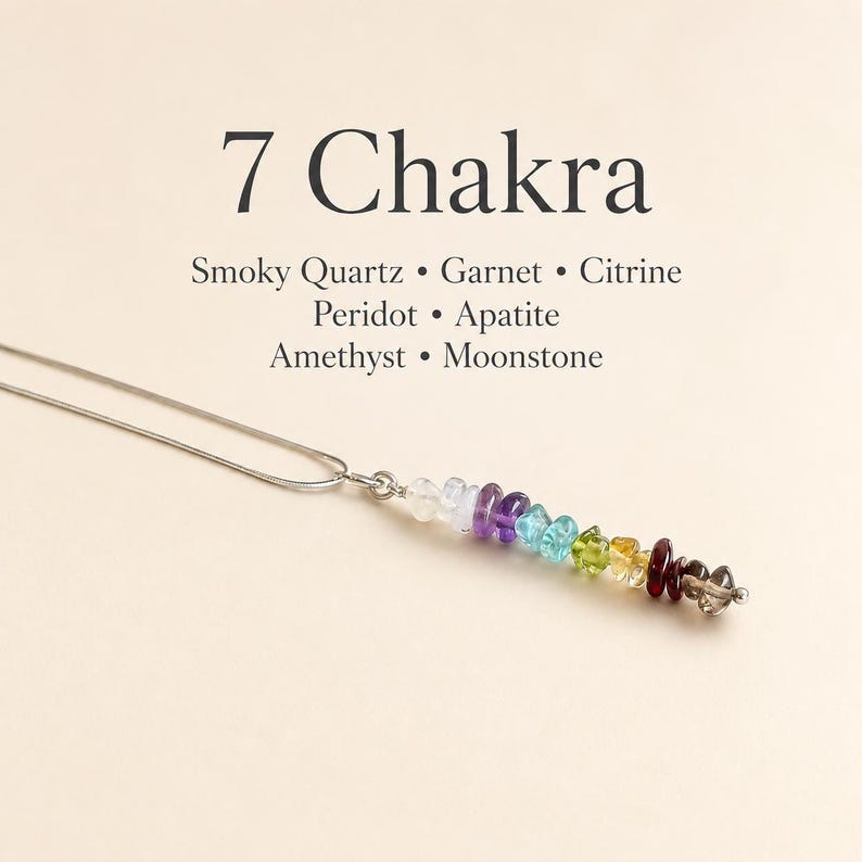 Sterling Silver Chakra Necklace Vertical Bar Pendant Seven Healing Crystal Stone Energy Jewelry Natural Gemstone Collection Amethyst Citrine Peridot Garnet Design Yoga Meditation Spiritual Gift Women Reiki Balancing Wellness Accessory