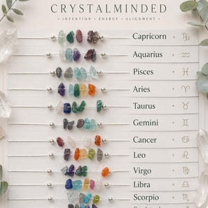 May include: A display of gemstone bracelets, each featuring a different color of tumbled stones. Each bracelet is labeled with a zodiac sign and its symbol. The text "CRYSTALMINDED" is at the top, with "LINKS IN DESCRIPTION" at the bottom.