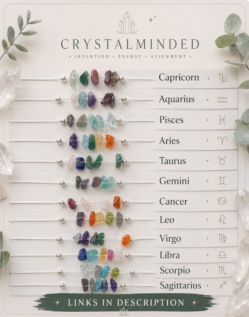 May include: A display of gemstone bracelets, each featuring a different color of tumbled stones. Each bracelet is labeled with a zodiac sign and its symbol. The text "CRYSTALMINDED" is at the top, with "LINKS IN DESCRIPTION" at the bottom.