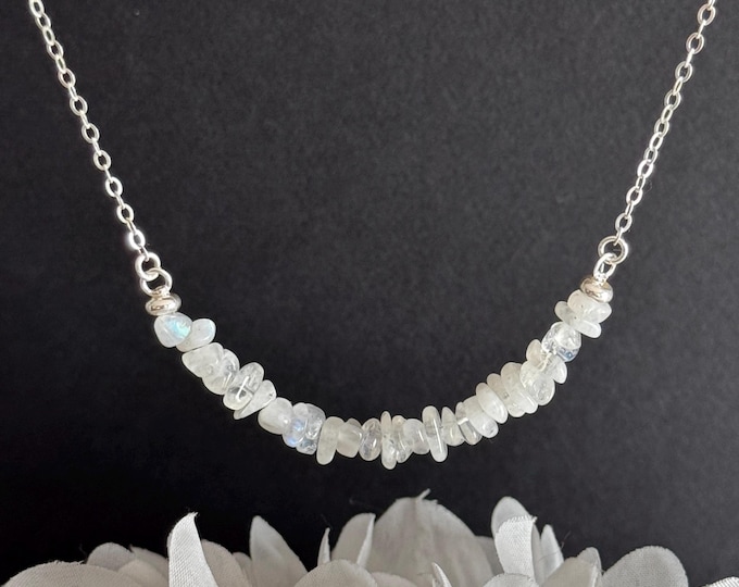 Moonstone Raw Crystal Necklace, Rainbow Moonstone  and Sterling Crystal Bar Choker