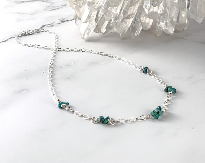 Raw Chrysocolla Necklace Anniversary Gift, Dainty Blue Green crystal Satellite Station Necklace or Choker, Wisdom Inner Peace Power jewelry