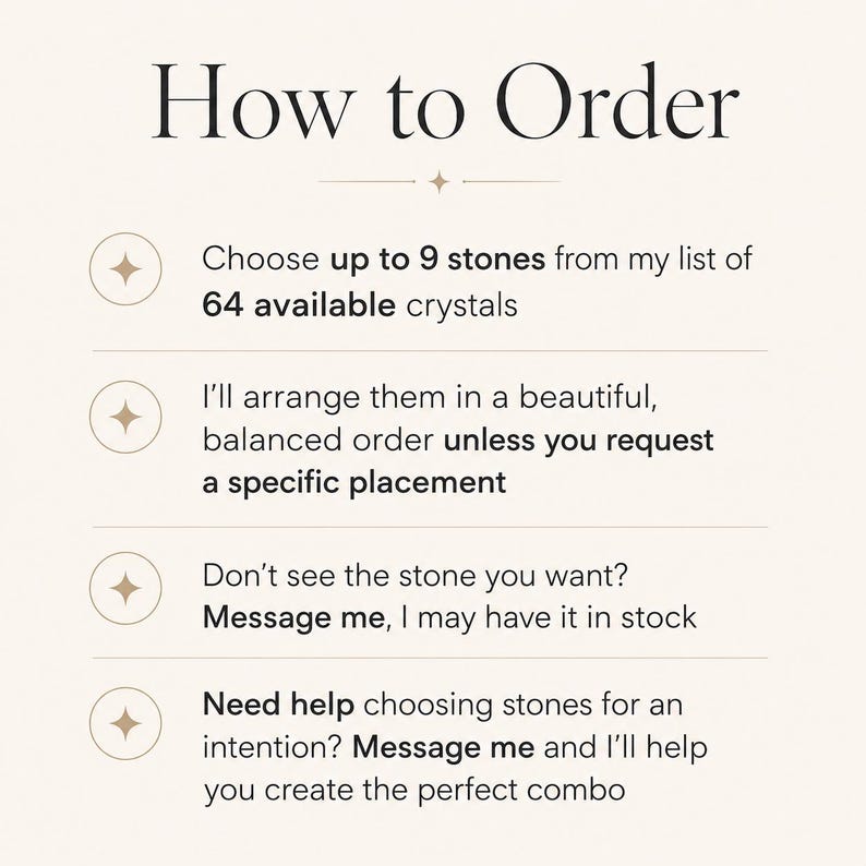 May include: Cream-colored graphic with the title "How to Order" and instructions for selecting crystals. It details choosing up to 9 stones from 64 available, arrangement options, and how to request specific stones or assistance.