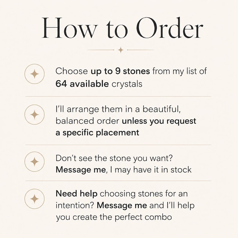 May include: Cream-colored graphic with the title "How to Order" and instructions for selecting crystals. It details choosing up to 9 stones from 64 available, arrangement options, and how to request specific stones or assistance.