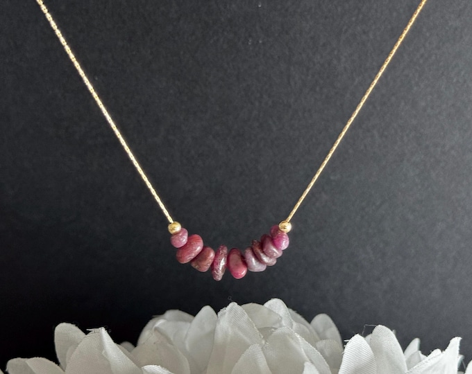 Rough Ruby Minimalist Crystal Necklace – July Birthstone – Sterling Silver or 14K Gold Filled – Adjustable 16–20”