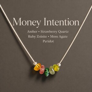 May include: A silver chain necklace featuring five small, polished gemstone beads in amber, strawberry quartz, ruby zoisite, moss agate, and peridot. The text "Money Intention" is printed above the stones with the list of gemstones below.