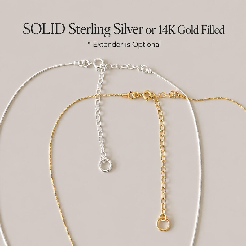 May include: Two necklaces, one in silver and one in gold, featuring delicate chains with spring ring clasps and attached chain extenders. Text at the top reads: SOLID Sterling Silver or 14K Gold Filled * Extender is Optional.