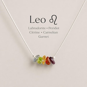 Pu&ograve; includere: Una collana a catena argentata con cinque piccole pietre preziose levigate e irregolari nei toni del blu, verde, giallo, arancione e rosso scuro. Il testo sopra riporta Leo, il simbolo zodiacale del Leone e i nomi Labradorite, Peridot, Citrine, Carnelian, Garnet.