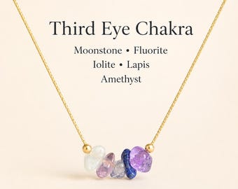 May include: A gold chain necklace with a pendant featuring a row of colorful gemstones. The gemstones include moonstone, fluorite, iolite, lapis, and amethyst. The text "Third Eye Chakra" is displayed above the gemstones.