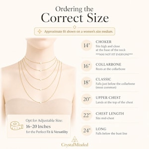 May include: Diagram illustrating necklace lengths, from choker (14 inches) to long (24 inches), with approximate fits on a medium-sized person. Includes text: "Ordering the Correct Size" and "Opt for Adjustable Size: 16-20 Inches for the Perfect Fit & Versatility."