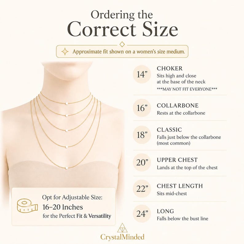 May include: Diagram illustrating necklace lengths, from choker (14 inches) to long (24 inches), with approximate fits on a medium-sized person. Includes text: "Ordering the Correct Size" and "Opt for Adjustable Size: 16-20 Inches for the Perfect Fit & Versatility."