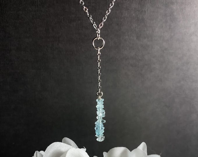 Silver Aquamarine Necklace, Aquamarine Y Lariat, Sacred Feminine Courage jewelry, Calming Protection talisman, Aquamarine crystal gemstone