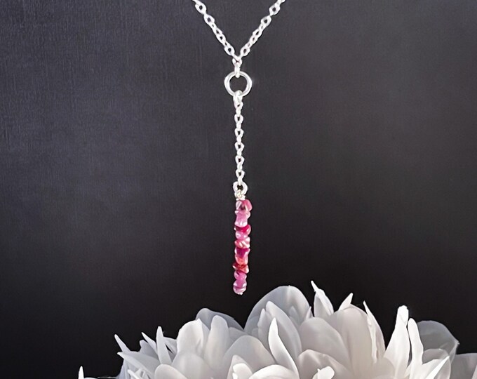 Raw Ruby Lariat, or Rough Ruby Y necklace, Choose your length for choker or necklace, We only use genuine crystal gemstones & 925 Silver