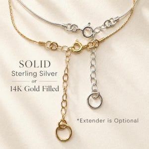 May include: A silver-colored snake chain and a gold-colored snake chain, each featuring a spring ring clasp and an optional chain extender. Text on the image reads: SOLID Sterling Silver or 14K Gold Filled and *Extender is Optional.