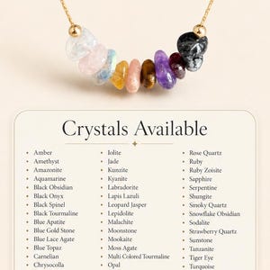 May include: A necklace with a gold chain and a variety of colorful gemstone beads. The image includes text that says "Build Your Own" and "Crystals Available", with a list of available stones.