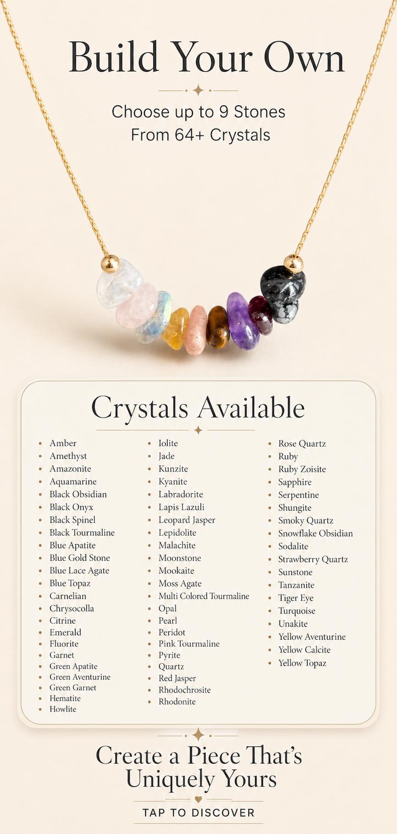May include: A necklace with a gold chain and a variety of colorful gemstone beads. The image includes text that says "Build Your Own" and "Crystals Available", with a list of available stones.
