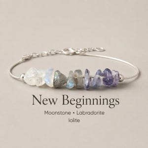 May include: A silver-toned chain bracelet featuring a row of raw, tumbled gemstones including white moonstone, grey labradorite, and purple iolite. The text New Beginnings, Moonstone, Labradorite, and Iolite is printed below the bracelet.