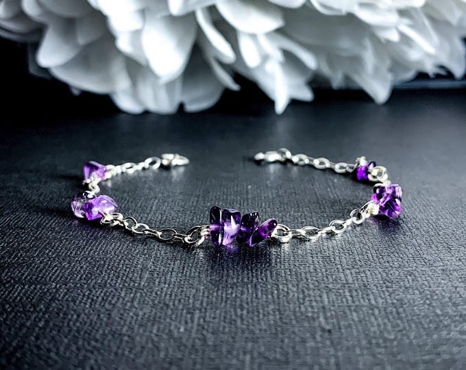 Silver Amethyst Station Bracelet Raw Amethyst Jewelry