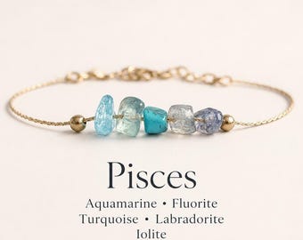 Pisces Bracelet Raw Crystal Zodiac Sign Gemstone Astrology Jewelry Sterling Silver Adjustable Bracelet Gold Filled Pisces Gift