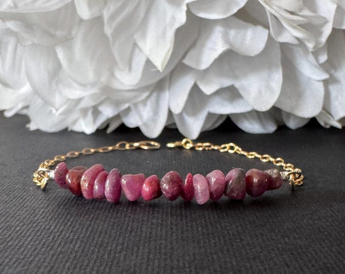 Raw Ruby Bracelet  - Rough Crystal Anklet - 14K Gold Filled or Sterling Silver