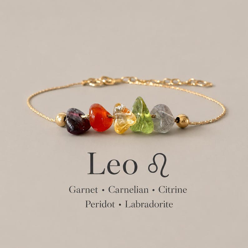 Leo Birthday Gift Gemstone Ankle Bracelet Adjustable Gold Anklet Sterling Silver Teardrop Bead Jewelry Women Zodiac Birthstone Crystal Healing Natural Stones Garnet Carnelian Citrine Peridot Labradorite Charm Layered Minimalist Style Summer