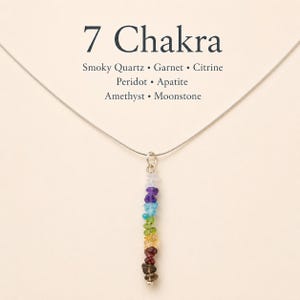 Pu&ograve; includere: Una collana d'argento con un ciondolo con sette pietre preziose colorate, che rappresentano i sette chakra. Le pietre sono disposte in una linea verticale, con una variet&agrave; di colori tra cui viola, blu, verde, giallo e rosso. Il testo "7 Chakra" &egrave; in alto.