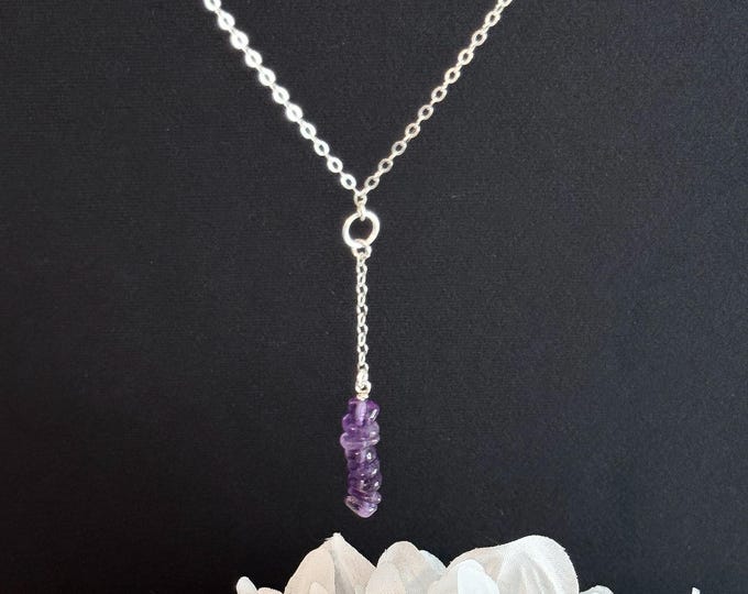 Amethyst Lariat Necklace Raw Crystal Pendant Silver Necklace