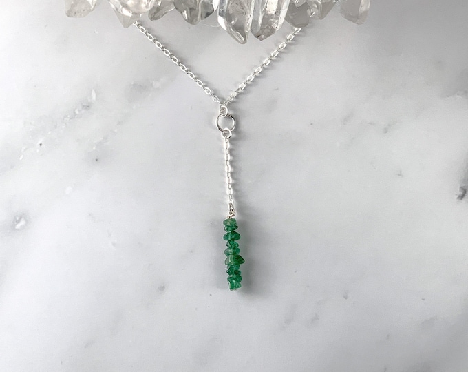 Silver Aventurine Necklace, Aventurine Y Lariat necklace, Sacred Feminine jewelry, Calming Protection talisman, green crystal gemstone