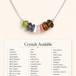 May include: A necklace with a silver chain and a pendant of assorted colorful gemstones. The image includes text that reads "64+ Crystals for Your Custom Necklace". The available crystals are listed below.