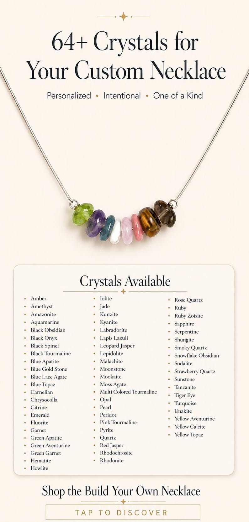 May include: A necklace with a silver chain and a pendant of assorted colorful gemstones. The image includes text that reads "64+ Crystals for Your Custom Necklace". The available crystals are listed below.