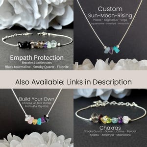 May include: A collection of handmade jewelry pieces, including bracelets and necklaces, featuring various gemstones. The image includes text that reads "Empath Protection," "Custom Sun-Moon-Rising," "Build Your Own," and "Chakras."