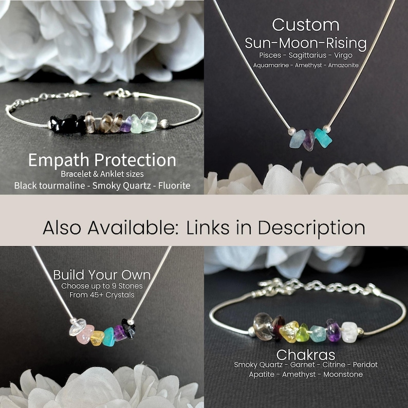 May include: A collection of handmade jewelry pieces, including bracelets and necklaces, featuring various gemstones. The image includes text that reads "Empath Protection," "Custom Sun-Moon-Rising," "Build Your Own," and "Chakras."