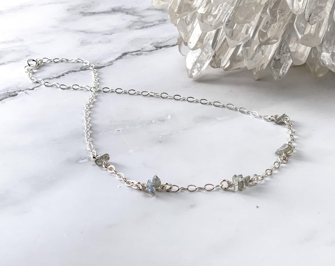 Raw Labradorite Necklace Anniversary Gift, Dainty Labradorite Satellite Station Necklace, Positive Transformation Energy crystal Jewelry
