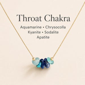 May include: A gold chain necklace with a pendant featuring blue and teal gemstones. The necklace has the words "Throat Chakra" and the names of the gemstones: Aquamarine, Chrysocolla, Kyanite, Sodalite, and Apatite.