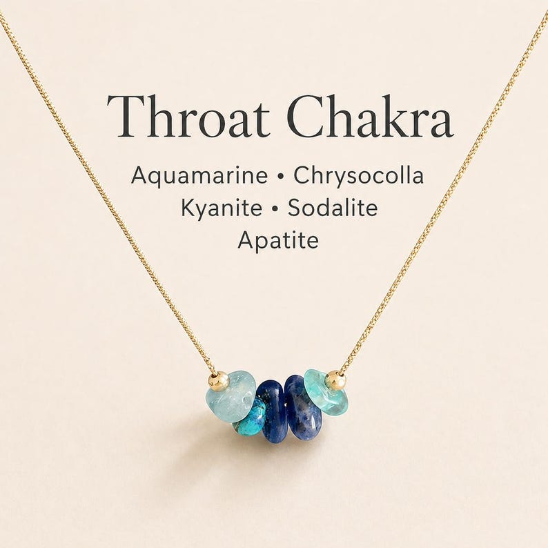 May include: A gold chain necklace with a pendant featuring blue and teal gemstones. The necklace has the words "Throat Chakra" and the names of the gemstones: Aquamarine, Chrysocolla, Kyanite, Sodalite, and Apatite.
