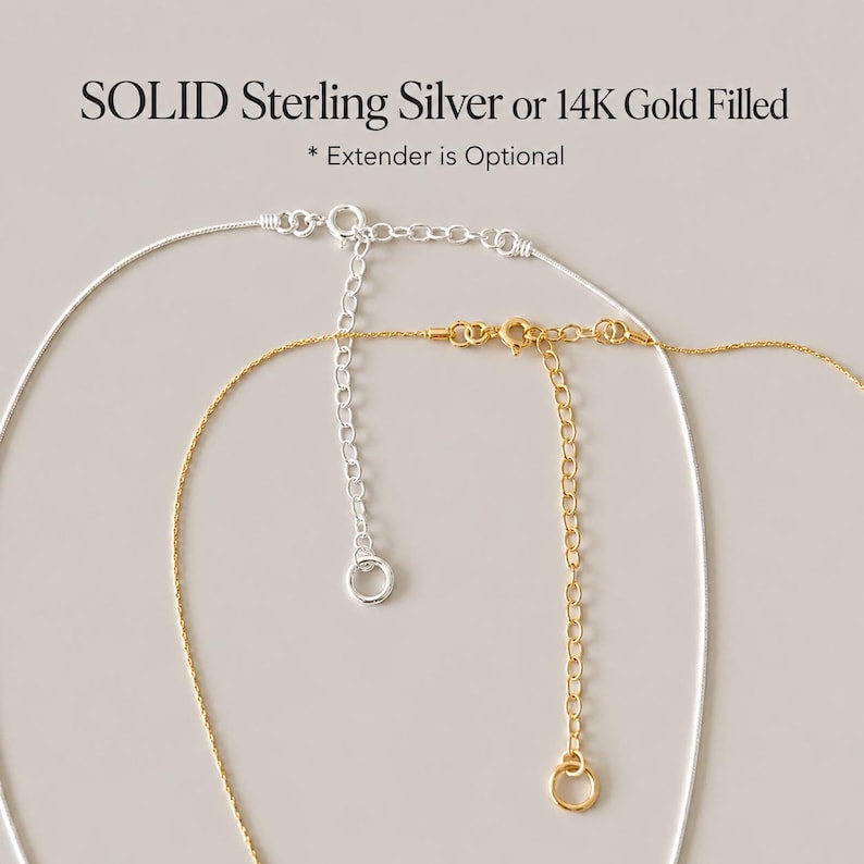 May include: Two necklaces, one in silver and one in gold, featuring delicate chains with spring ring clasps and attached chain extenders. Text at the top reads: SOLID Sterling Silver or 14K Gold Filled * Extender is Optional.