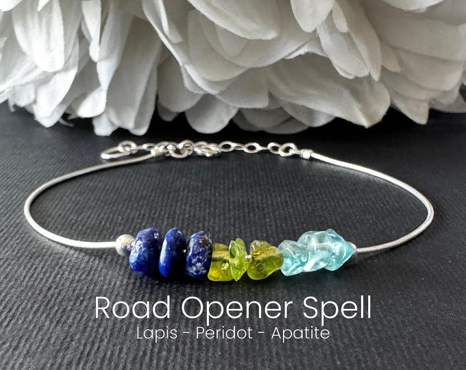Road Opener Bracelet or Anklet, Raw Crystal Intention Jewelry for New Beginnings with Lapis Lazuli, Peridot & Blue Apatite