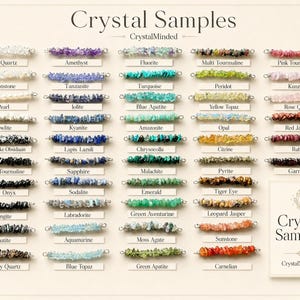 May include: A display of crystal samples, each labeled with its name. The crystals are arranged in rows, showcasing a variety of colors and textures, including clear quartz, amethyst, and rose quartz. The text "Crystal Samples" is at the top.