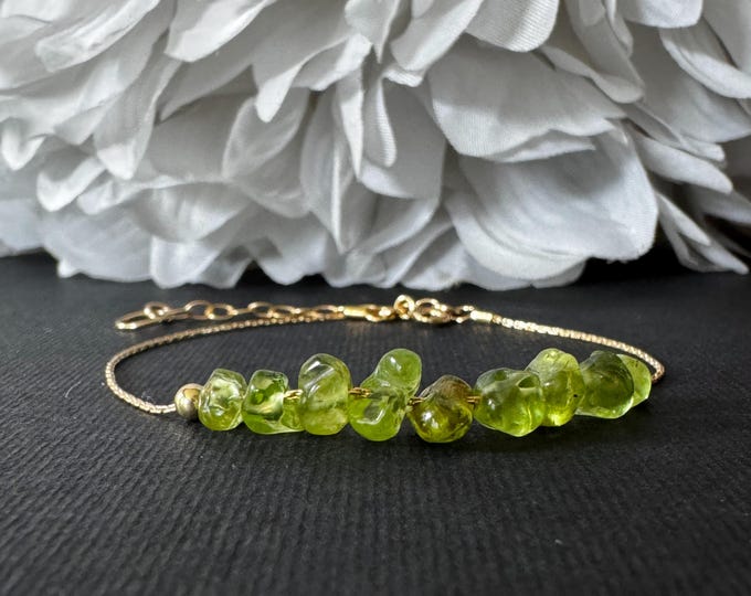 Raw Peridot Crystal Bracelet – Sterling Silver or 14K Gold Filled – Adjustable for Wrist or Ankle – Minimalist August Birthstone Jewelry