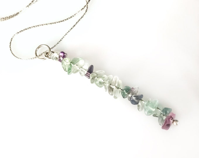 Rainbow FLuorite Pendant Pisces Birthstone Empath Protection Gem Bar Necklace