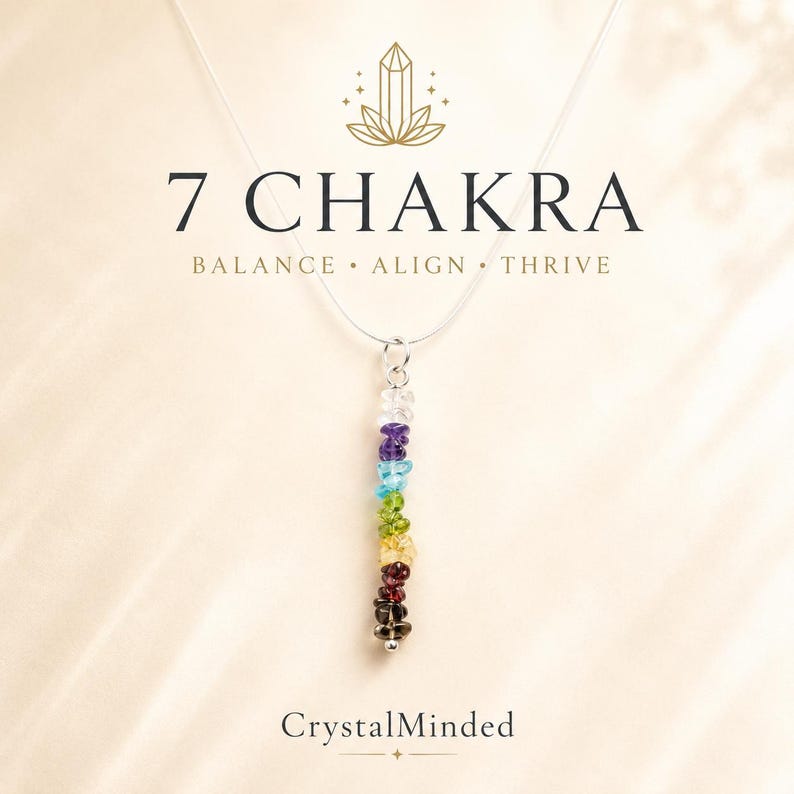 Chakra Pendant Necklace Sterling Silver Vertical Bar Seven Stone Healing Crystal Energy Jewelry Amethyst Citrine Peridot Garnet Apatite Moonstone Smoky Quartz Alignment Yoga Meditation Spiritual Wellness Gift Women Birthday Present Reiki