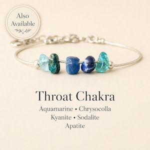 May include: A silver bracelet featuring a series of blue and green gemstones. The bracelet includes aquamarine, chrysocolla, kyanite, sodalite, and apatite stones. The text "Throat Chakra" is displayed below the bracelet.