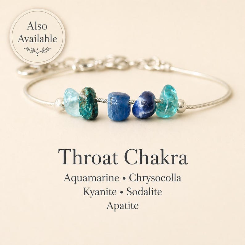 May include: A silver bracelet featuring a series of blue and green gemstones. The bracelet includes aquamarine, chrysocolla, kyanite, sodalite, and apatite stones. The text "Throat Chakra" is displayed below the bracelet.