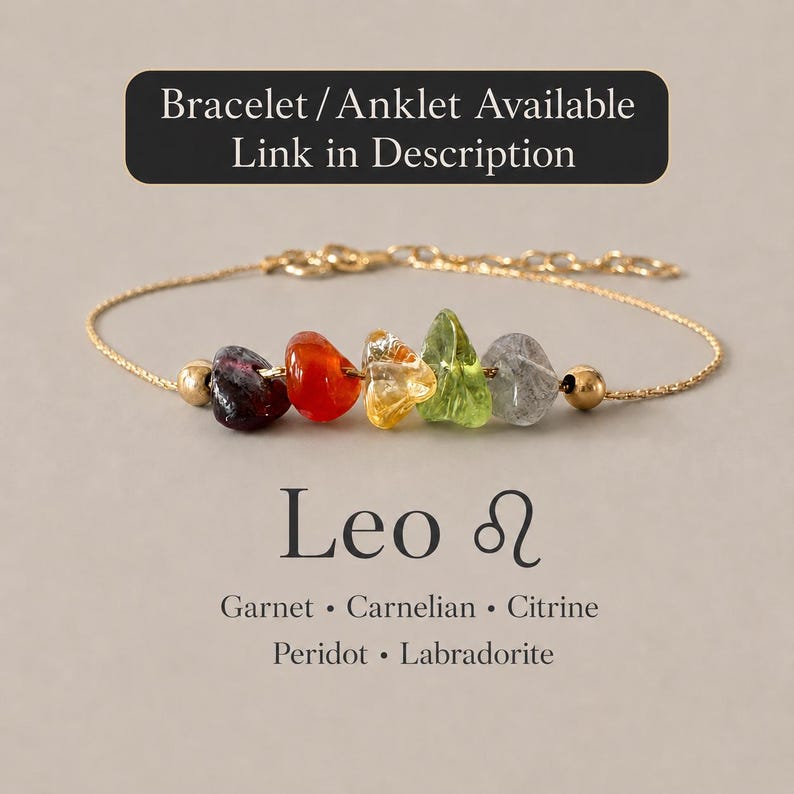 Pu&ograve; includere: Un bracciale a catena color oro con cinque perle di pietre preziose grezze: granato rosso scuro, corniola arancione, citrino giallo, peridoto verde e labradorite grigia. Testo: Bracelet / Anklet Available Link in Description, Leo, Garnet, Carnelian, Citrine, Peridot, Labradorite.