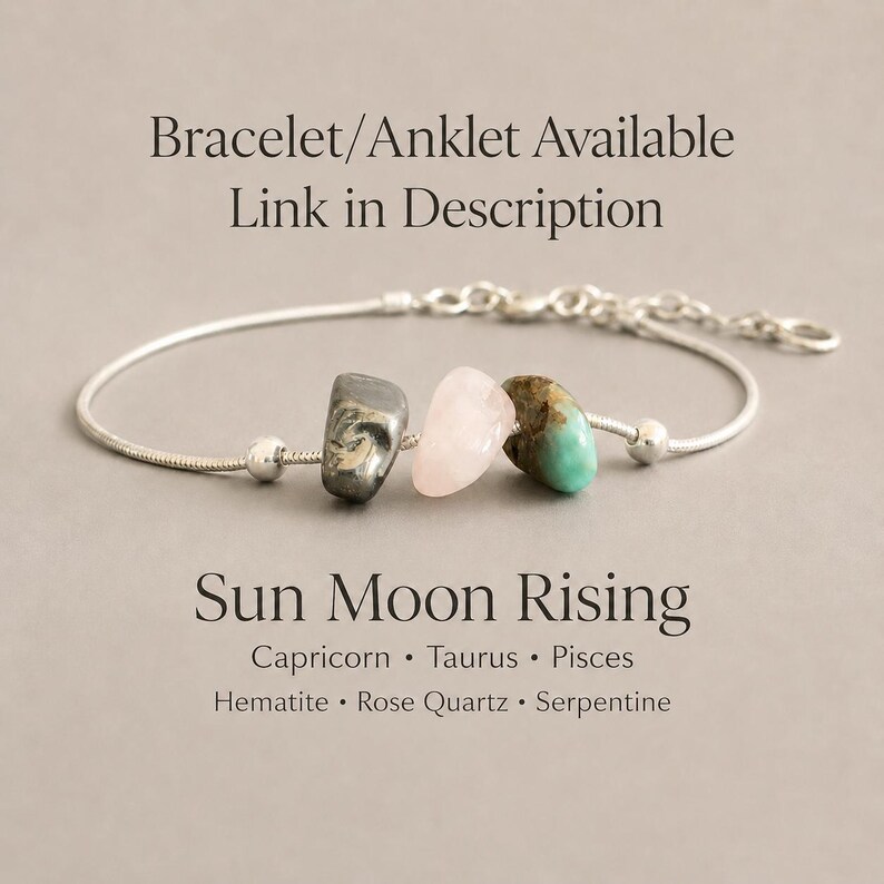 May include: A silver bracelet featuring three gemstone beads: a grey hematite, a pink rose quartz, and a green serpentine. The text "Sun Moon Rising" and gemstone details are below. "Bracelet/Anklet Available Link in Description" is above.